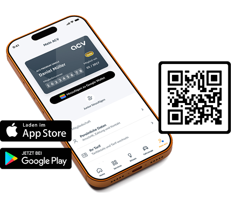 Ein Smartphone zeigt eine digitale Karte in einer Banking-App an. Daneben befinden sich ein QR-Code und Logos zum Herunterladen der App aus dem App Store und Google Play. Die Benutzeroberfläche ist in deutscher Sprache.