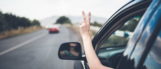 Eine Person sitzt im Auto und hält ihre Hand aus dem Fenster