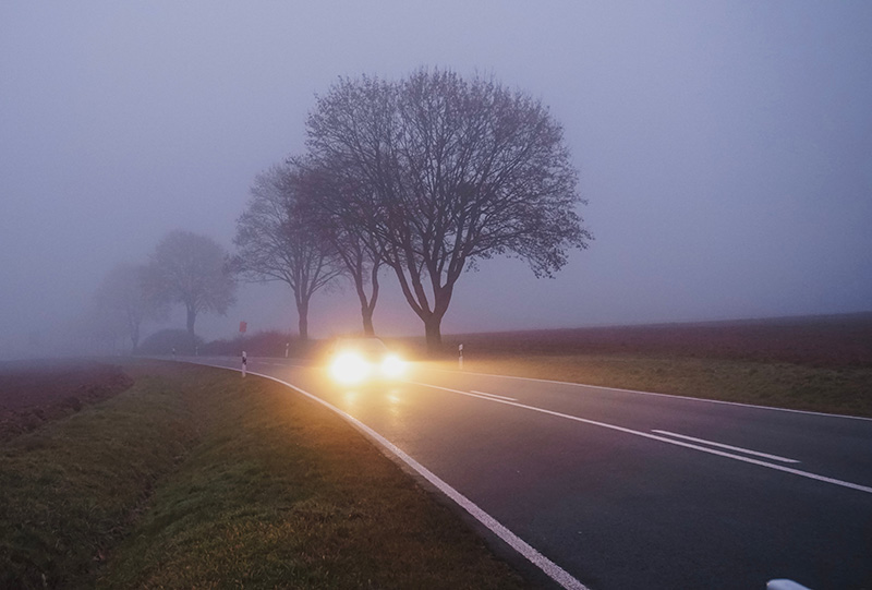 Ein Auto fährt bei Nebel und Dunkelheit auf einer Landstraße
