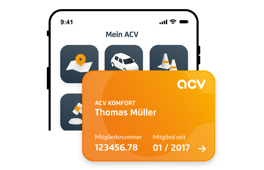 mockup eines smartphones, das die mitgliedschaftsverwaltung der acv app zeigt