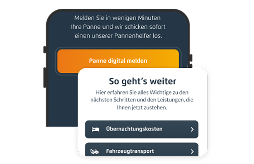 mockup eines smartphones, das die pannenhilfe-funktion der acv app zeigt